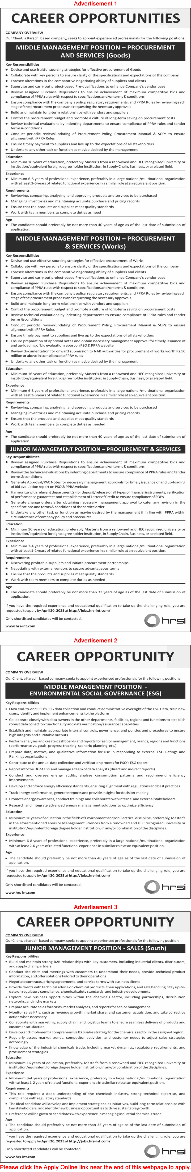 HRSI Pakistan Karachi Jobs April 2025 Apply Online Junior / Middle Management Positions Latest