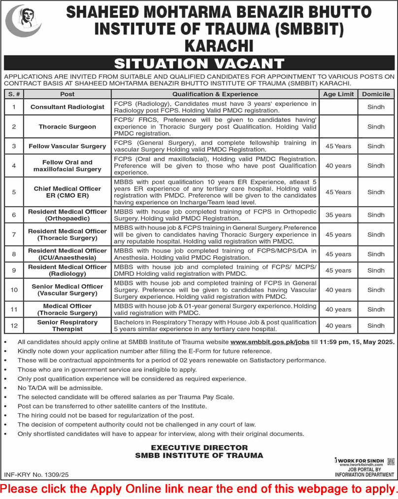 Shaheed Mohtarma Benazir Bhutto Institute of Trauma Karachi Jobs April 2025 May Apply Online SMBBIT Latest