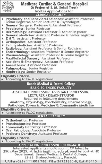 Medicare Cardiac and General Hospital Karachi Jobs May 2025 Teaching Faculty Jinnah Medical & Dental College Latest