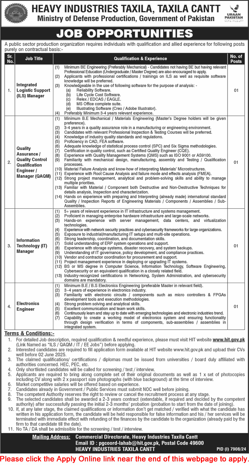 Heavy Industries Taxila Jobs May 2025 Apply Online IT Manager, Electronics Engineer & Others HIT Latest