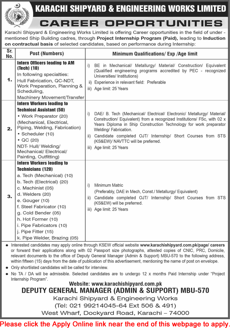 Karachi Shipyard and Engineering Works Paid Internship Program 2025 May / June Apply Online Intern Officers & Workers KSEW Latest