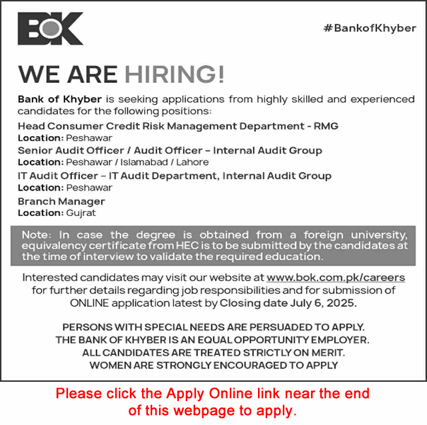 Bank of Khyber Jobs June 2025 Apply Online Audit Officers, Branch Manager & Others BOK Latest