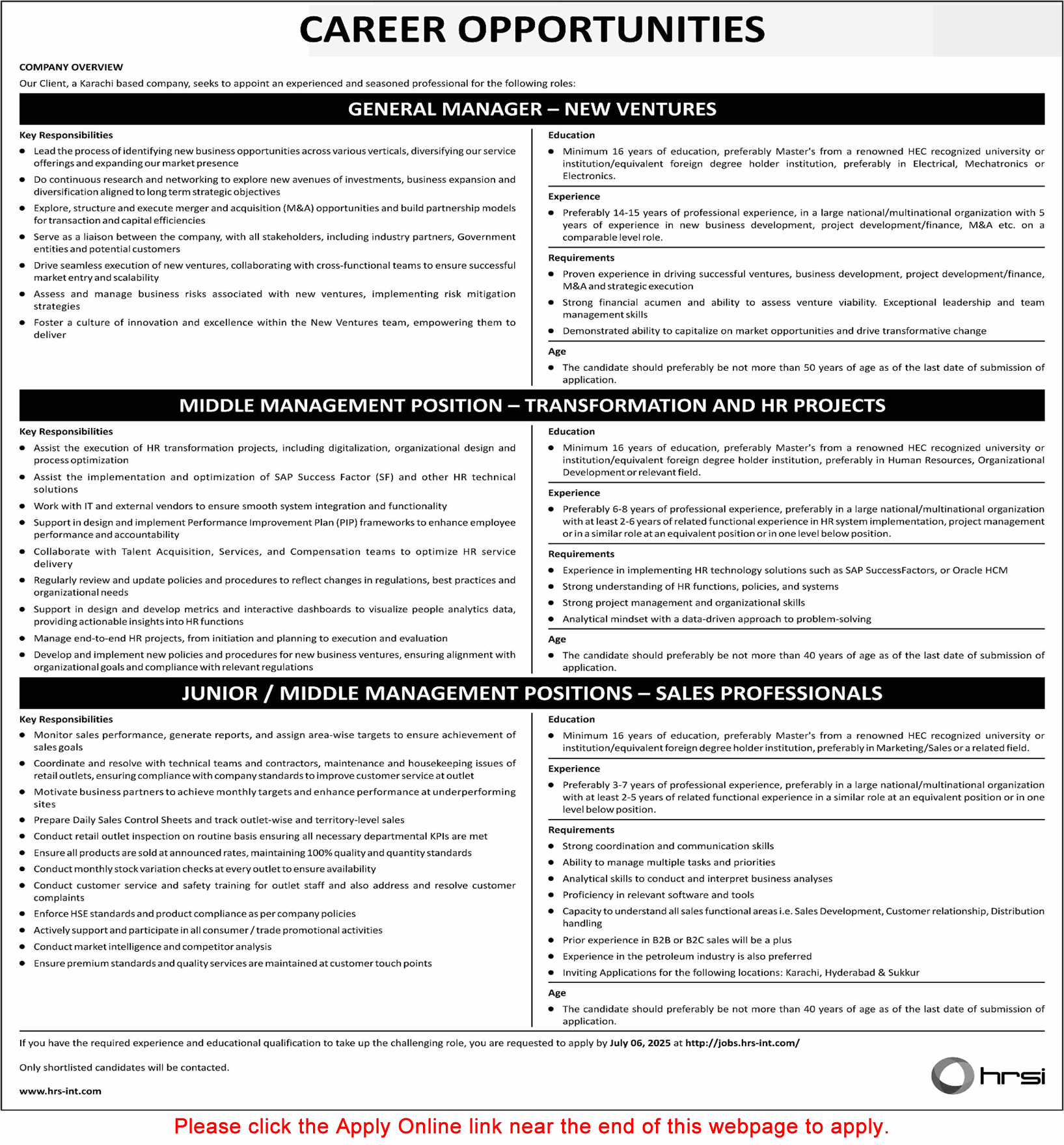 HRSI Pakistan Karachi Jobs June 2025 Apply Online Junior / Middle Management Positions & General Manager Latest