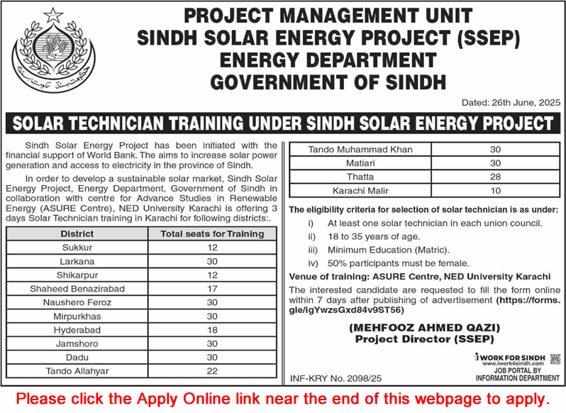 Energy Department Sindh Solar Technician Free Training 2025 June / July Apply Online Sindh Solar Energy Project SSEP Latest