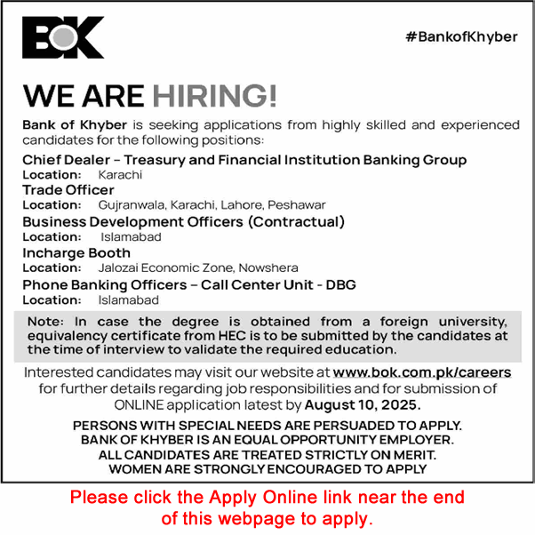 Bank of Khyber Jobs July 2025 August Apply Online Trade Officer, Phone Banking Officers & Others BOK Latest
