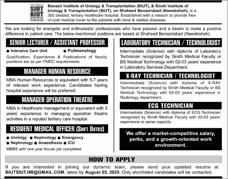 SIUT Nawabshah Jobs July 2025 August Teaching Faculty & Others BIUT Sindh Institute of Urology & Transplantation Latest