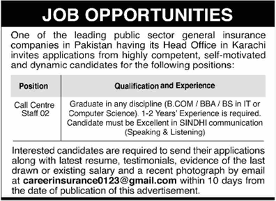 Call Centre Jobs in Karachi July 2025 August Public Sector General Insurance Company Latest