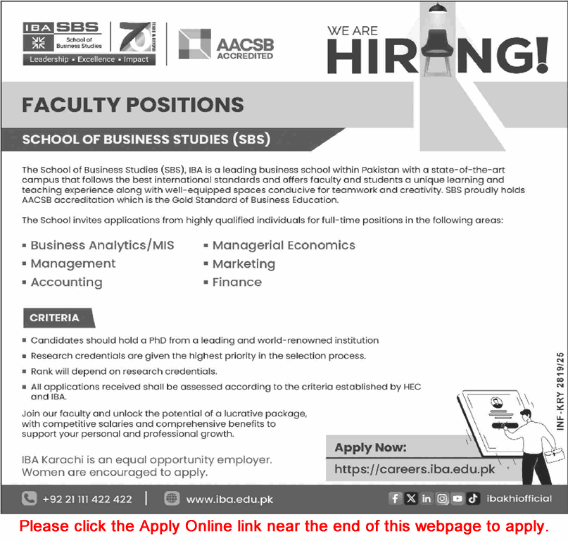 IBA School of Business Studies Karachi Jobs September 2025 Apply Online Teaching Faculty Latest