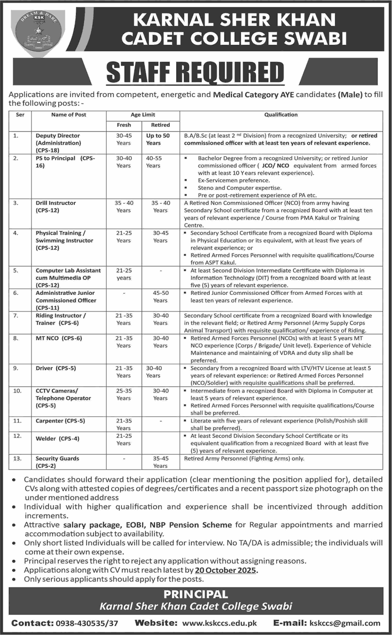 Karnal Sher Khan Cadet College Swabi Jobs October 2025 Drill Instructor, Computer Lab Assistant & Others Latest