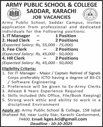 Army Public School and College Saddar Karachi Jobs October 2025 IT Manager & Clerks APS&C Latest