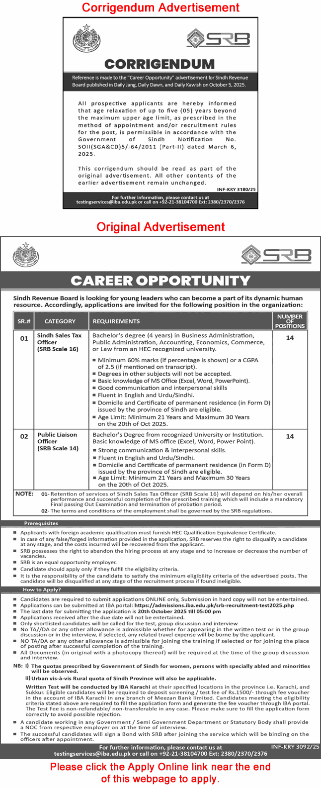 Sindh Revenue Board Jobs October 2025 SRB Apply Online Sales Tax Officers & Public Liaison Officers Latest