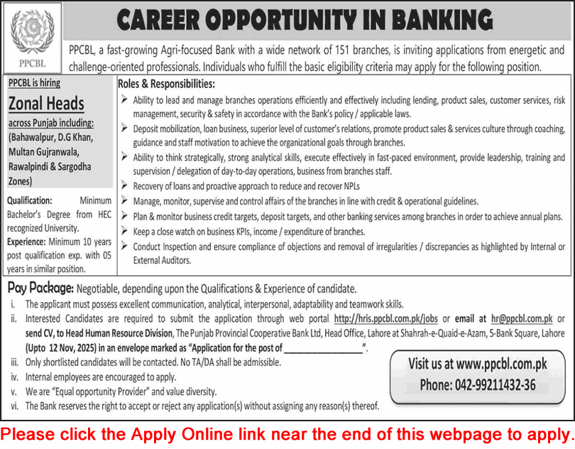 Zonal Head Jobs in PPCBL November 2025 Apply Online Punjab Provincial Cooperative Bank Limited Latest