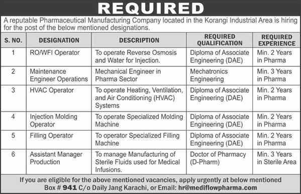 Mediflow Pharmaceuticals Karachi Jobs 2025 November Maintenance Engineer, HVAC Operator & Others Latest
