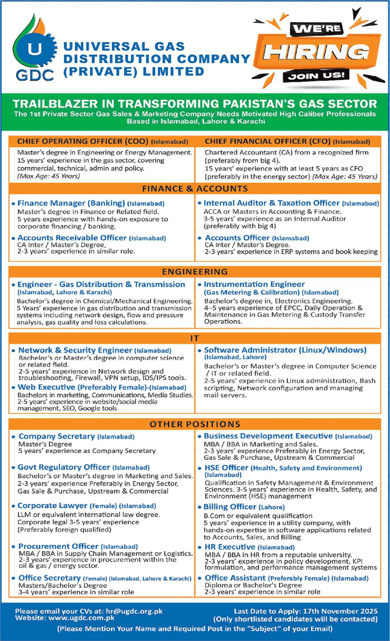 Universal Gas Distribution Company Jobs 2025 November UGDC Software Administrator, Office Assistant & Others Latest