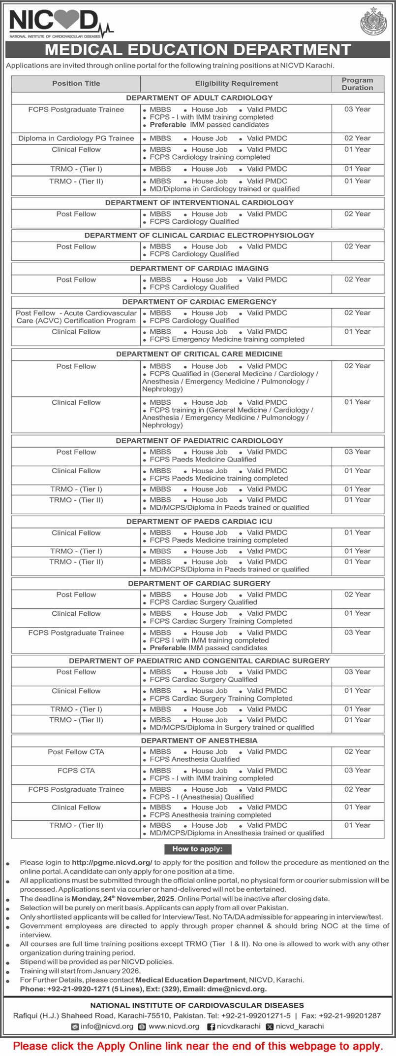 NICVD Jobs November 2025 Apply Online Postgraduate Trainees, Fellows & TRMO Latest