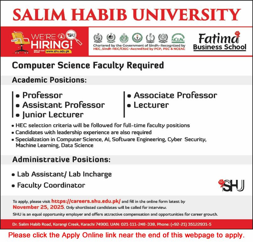 Salim Habib University Karachi Jobs November 2025 Apply Online Teaching Faculty & Others Latest