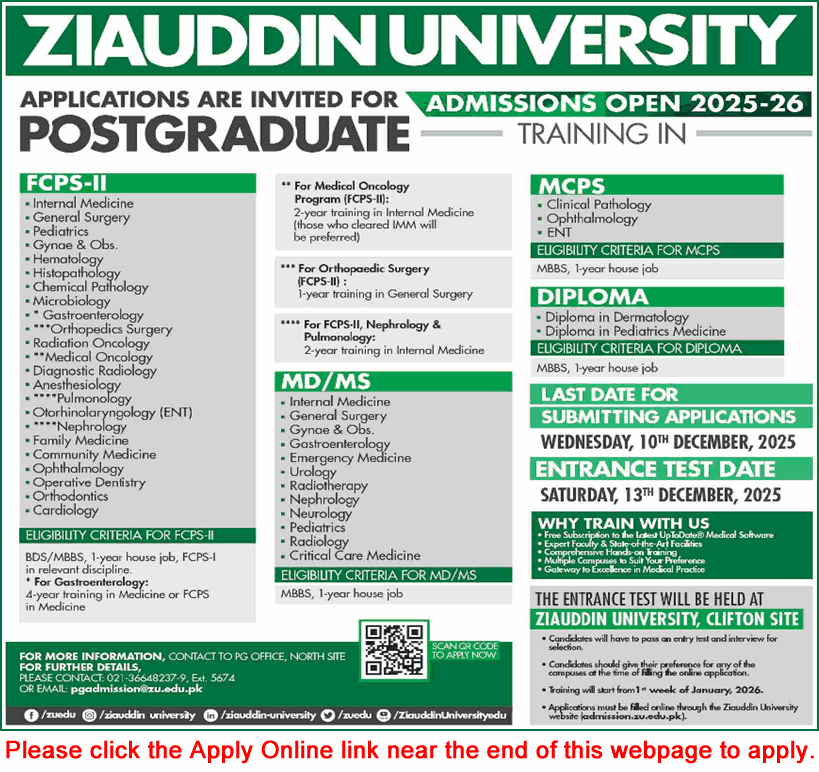 Ziauddin University Karachi Postgraduate Training November 2025 Apply Online Latest