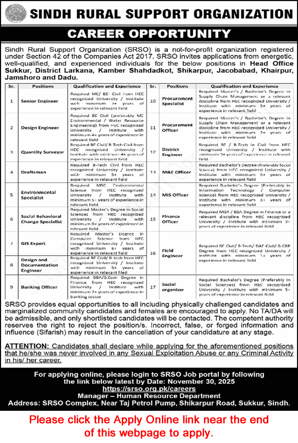 Sindh Rural Support Organization Jobs 2025 November Apply Online Field Engineer, Social Organizer & Others Latest