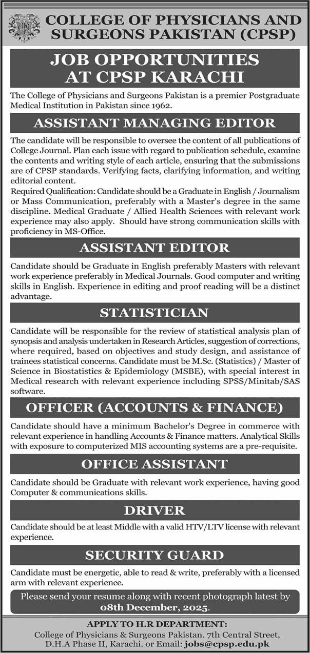 CPSP Karachi Jobs November 2025 Office Assistant, Driver & Others College of Physicians & Surgeons Pakistan Latest