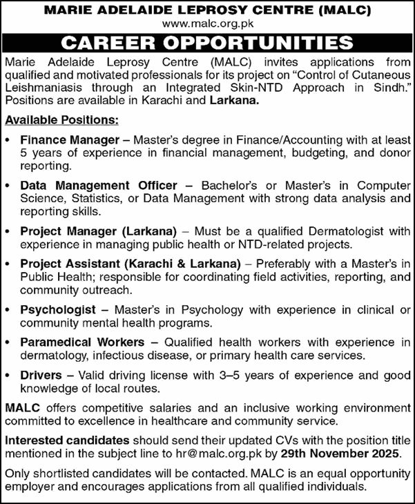 Marie Adelaide Leprosy Centre Karachi / Larkana Jobs 2025 November Project Assistant & Others MALC Latest