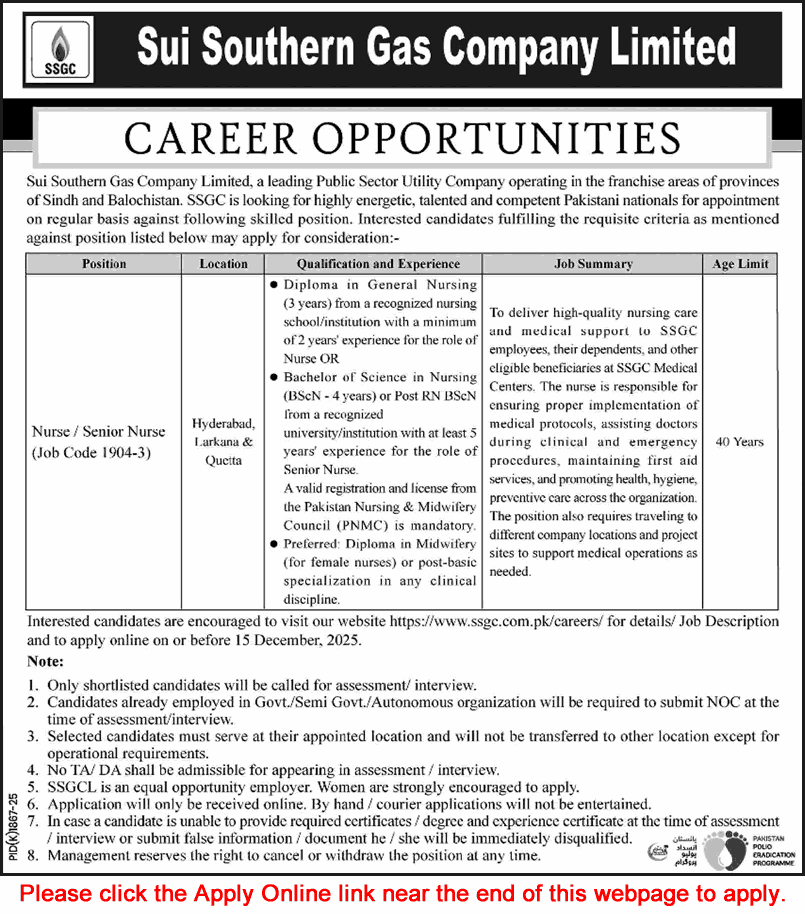 Nurse Jobs in SSGC November 2025 December Apply Online Sui Southern Gas Company Limited Latest