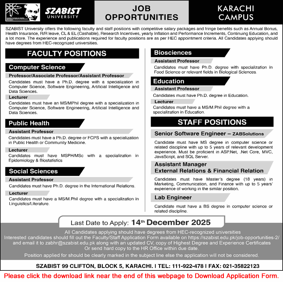 SZABIST University Karachi Jobs November 2025 December Application Form Teaching Faculty & Others Latest