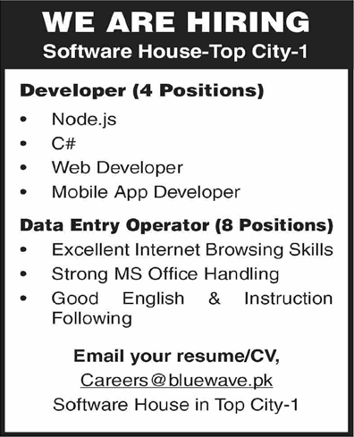 Software Developer & Data Entry Operator Jobs in Islamabad December 2025 Blue Wave Software House Top City-1 Latest
