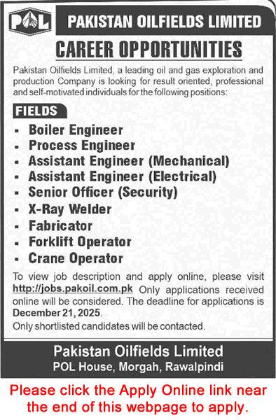 Pakistan Oilfields Limited Jobs December 2025 Apply Online Assistant Engineers & Others POL Latest