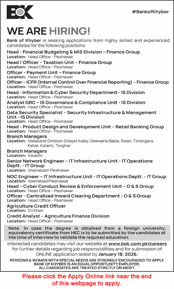 Bank of Khyber Jobs 2026 Apply Online Branch Managers, Network Engineer & Others BOK Latest