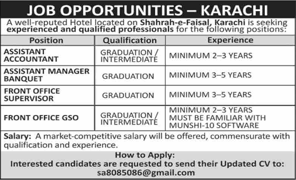 Hotel Jobs in Karachi 2026 Accountant, Front Office Supervisor & Others Latest