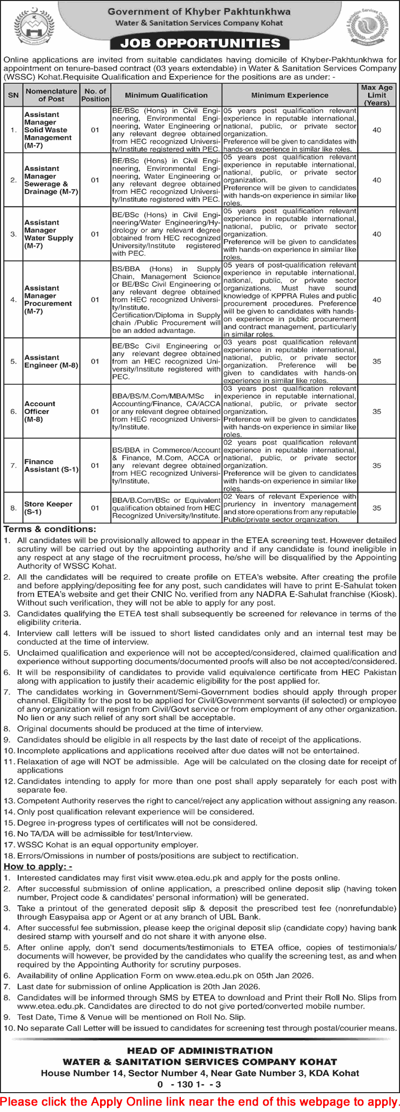 Water and Sanitation Services Company Kohat Jobs 2026 ETEA Apply Online Assistant Managers & Others WSSC Latest
