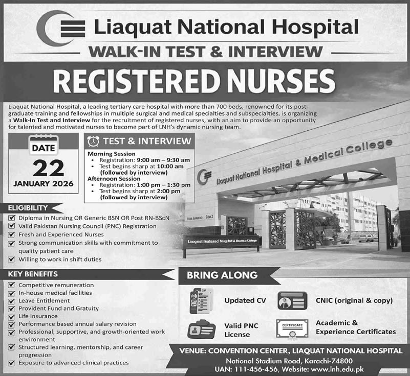 Nurse Jobs in Liaquat National Hospital Karachi 2026 Walk in Test / Interview LNH Latest