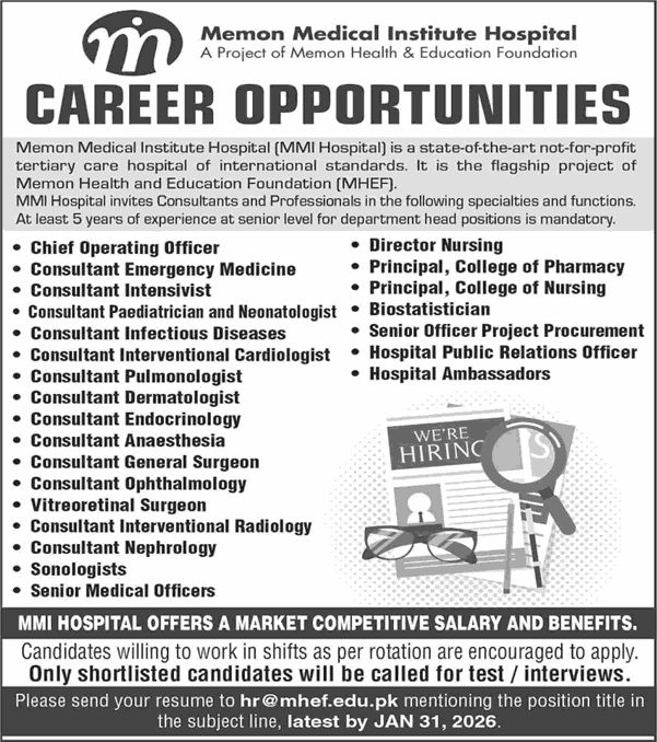 Memon Medical Institute Hospital Karachi Jobs 2026 Medical Consultants & Others MMI Latest