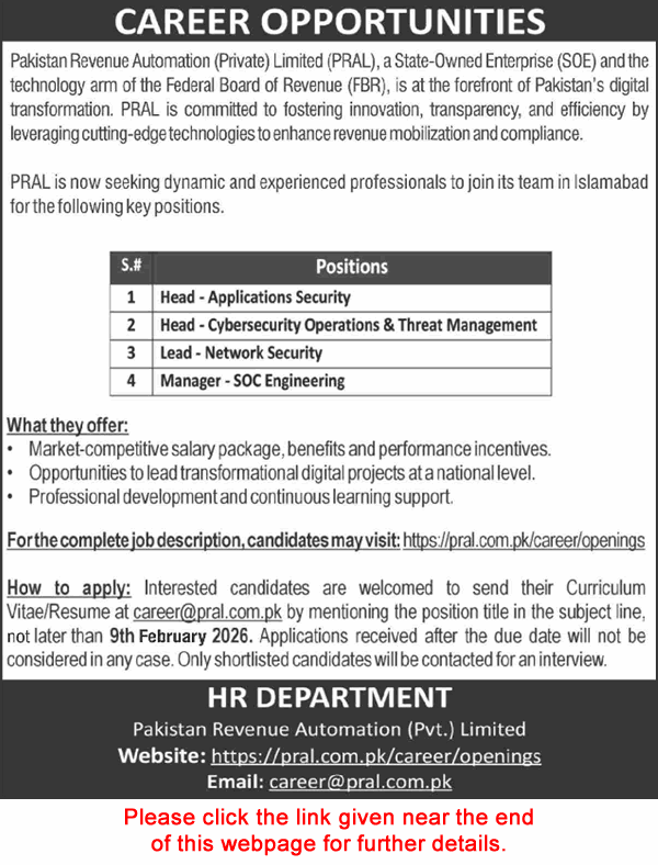 Pakistan Revenue Automation Pvt Ltd Islamabad Jobs 2026 SOC Manager & Others PRAL Latest