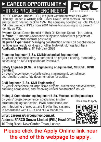 PARCO Gunvor Limited Lahore Jobs 2026 February Apply Online Civil Engineer, Planning Engineer & Others PGL Latest