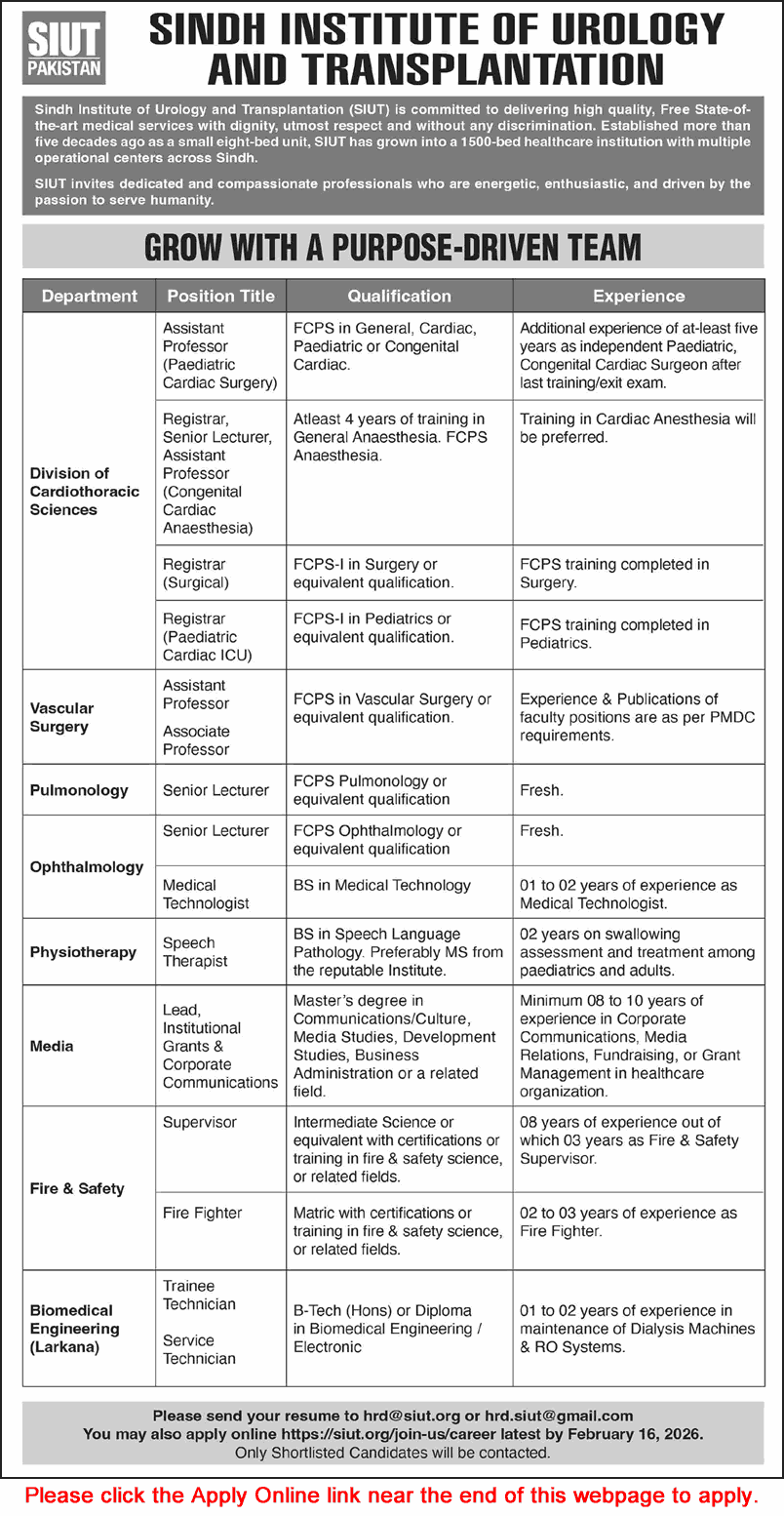 SIUT Hospital Karachi Jobs February 2026 Apply Online Teaching Faculty & Others Latest