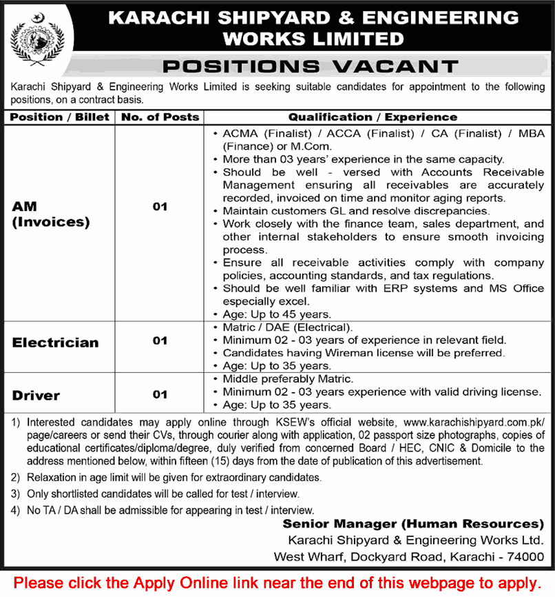 Karachi Shipyard and Engineering Works Jobs February 2026 Apply Online Assistant Manager, Electrician & Driver KSEW Latest