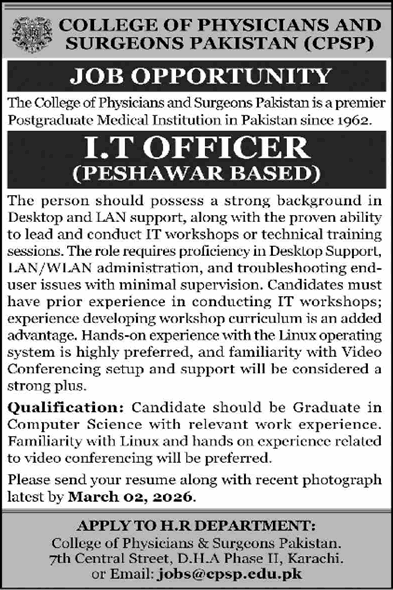 IT Officer Jobs in CPSP Peshawar 2026 February College of Physicians and Surgeons Pakistan Latest