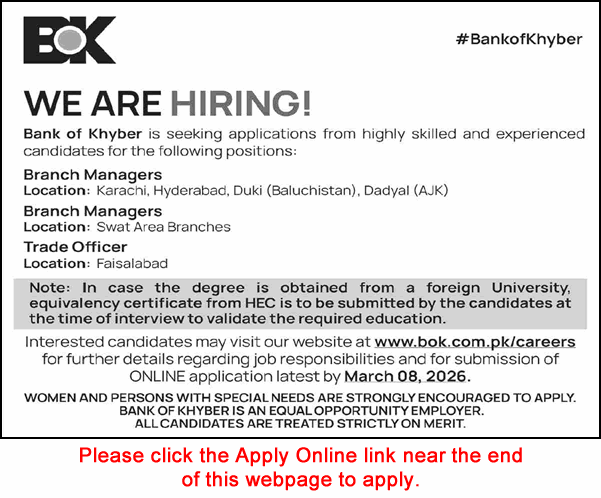 Bank of Khyber Jobs February 2026 Apply Online Branch Managers & Trade Officer Latest