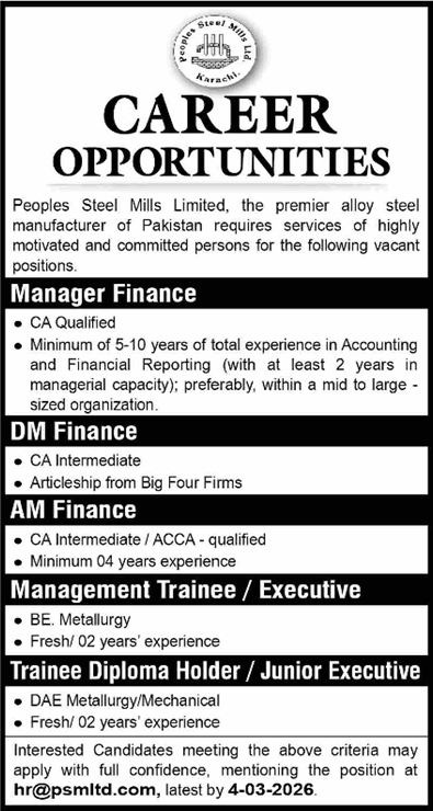 Peoples Steel Mills Limited Karachi Jobs February 2026 Management Trainee / Executive & Others Latest