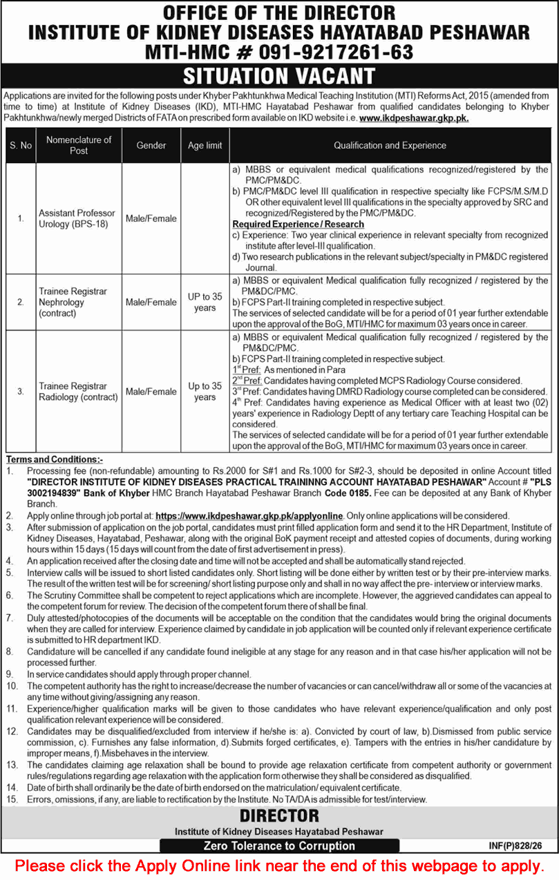 Institute of Kidney Diseases Peshawar Jobs 2026 February Apply Online Latest Trainee Registrars & Assistant Professor IKD Latest