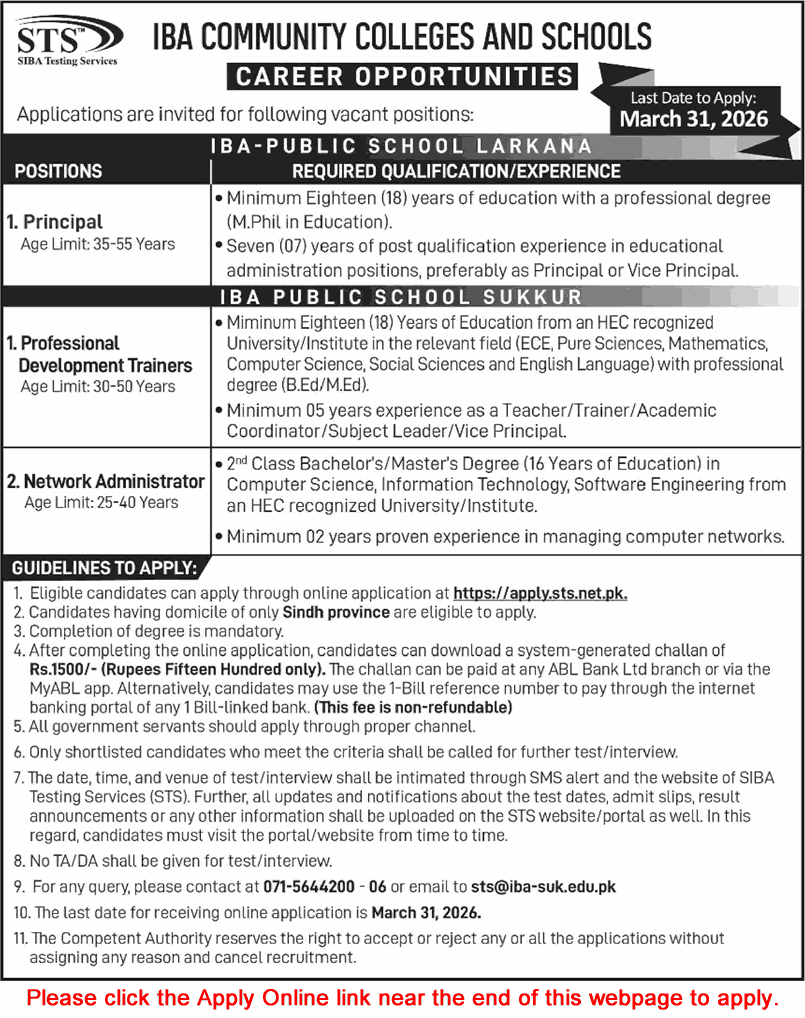 IBA Public School Sukkur / Larkana Jobs 2026 March Apply Online Professional Development Trainers, Network Administrator & Principal Latest