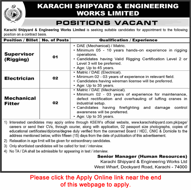 Karachi Shipyard and Engineering Works Jobs March 2026 Apply Online Electricians, Mechanical Fitters & Rigging Supervisor Latest