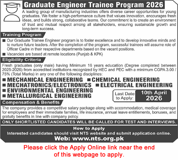 Graduate Trainee Engineers Program 2026 March NTS Apply Online GTEP Manufacturing Industry Latest