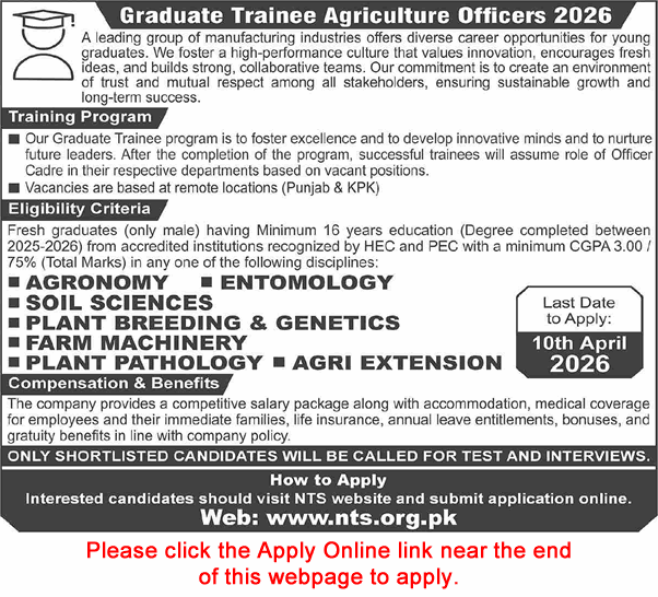 Graduate Trainee Agriculture Officer Program 2026 March NTS Apply Online GTAO Latest