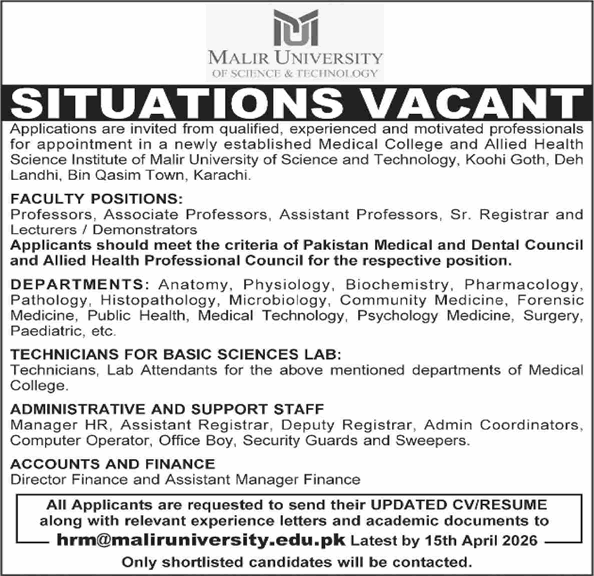 Malir University Karachi Jobs 2026 March Teaching Faculty & Others Latest