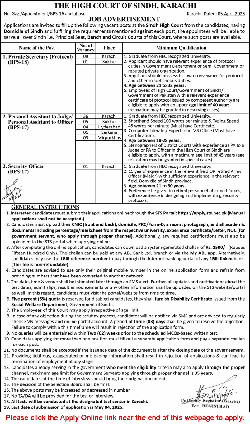 Sindh High Court Jobs April 2026 Apply Online Personal Assistants, Private Secretaries & Security Officer SHC Latest