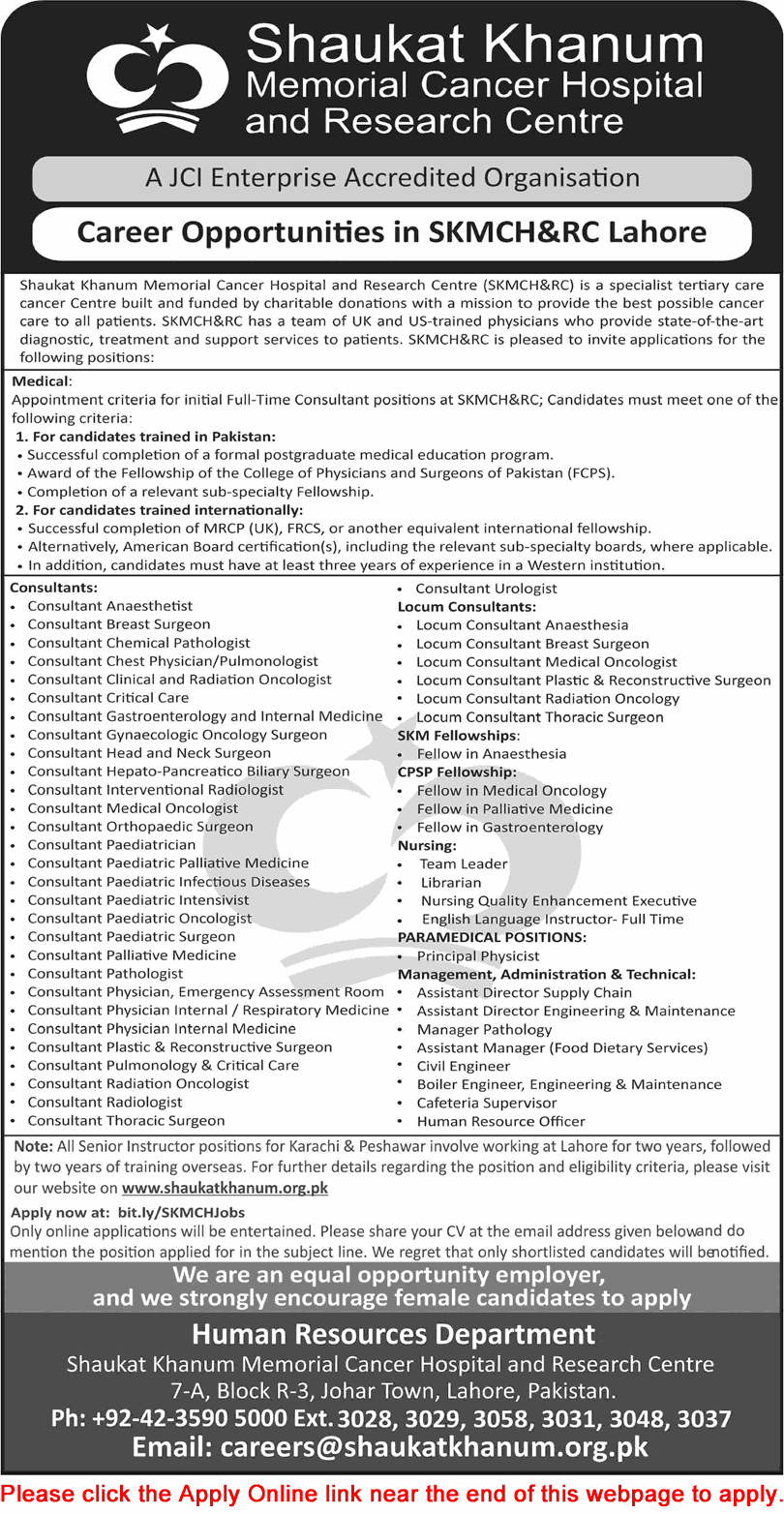Shaukat Khanum Hospital Lahore Jobs April 2026 Apply Online Medical Consultants, Fellows & Others SKMCH&RC Latest