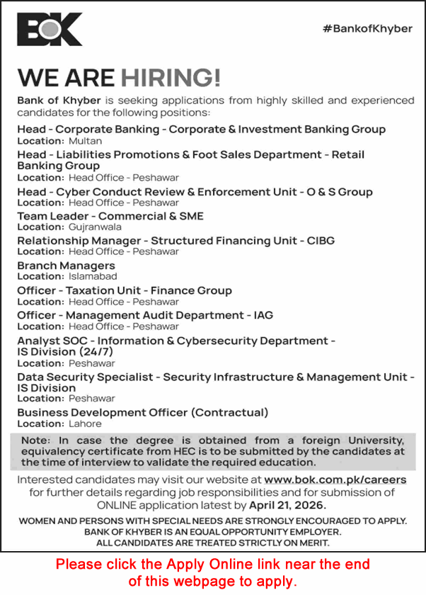 Bank of Khyber Jobs April 2026 Apply Online Relationship / Branch Managers & Others BOK Latest
