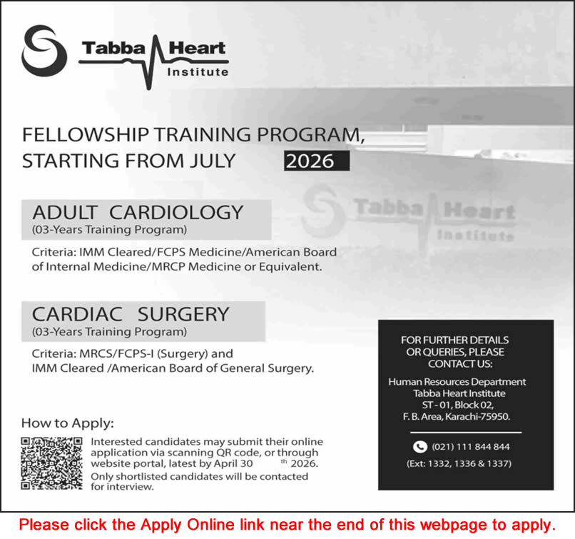 Tabba Heart Institute Karachi Fellowship Training Program 2026 April Apply Online Latest